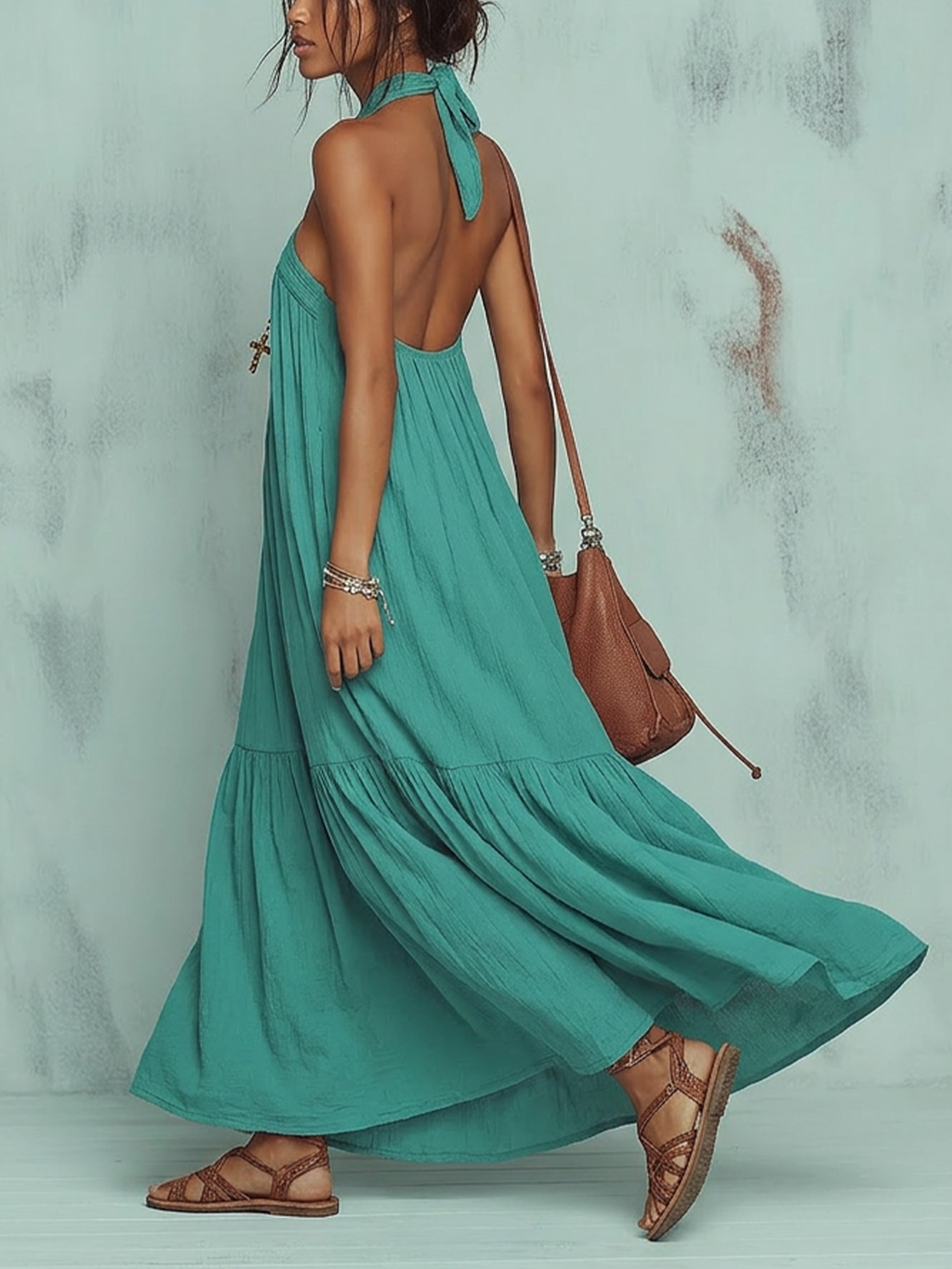 Teal Crisscross Halter Neck Flowy Maxi Dress