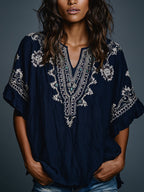 Women's Boho Floral Art Print Flowy Linen Blend Casual Short Sleeve Tops