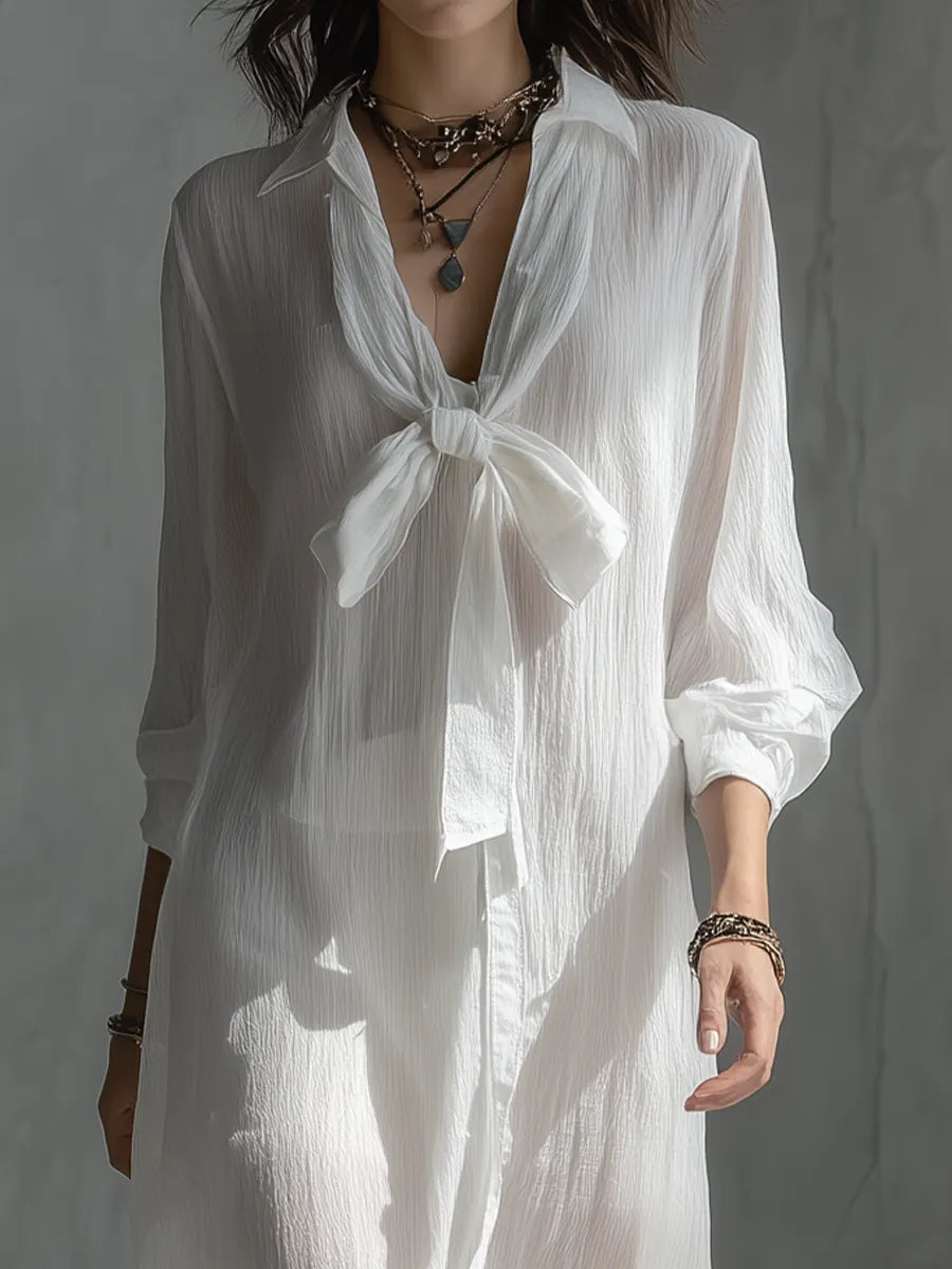Airy Tie-Front Long Sleeve Maxi Dress