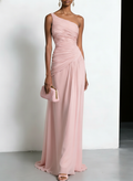 Pink Chiffon Removable 3D Floral Ruched Slit One Shoulder Sleeveless Sheath Gown Dress