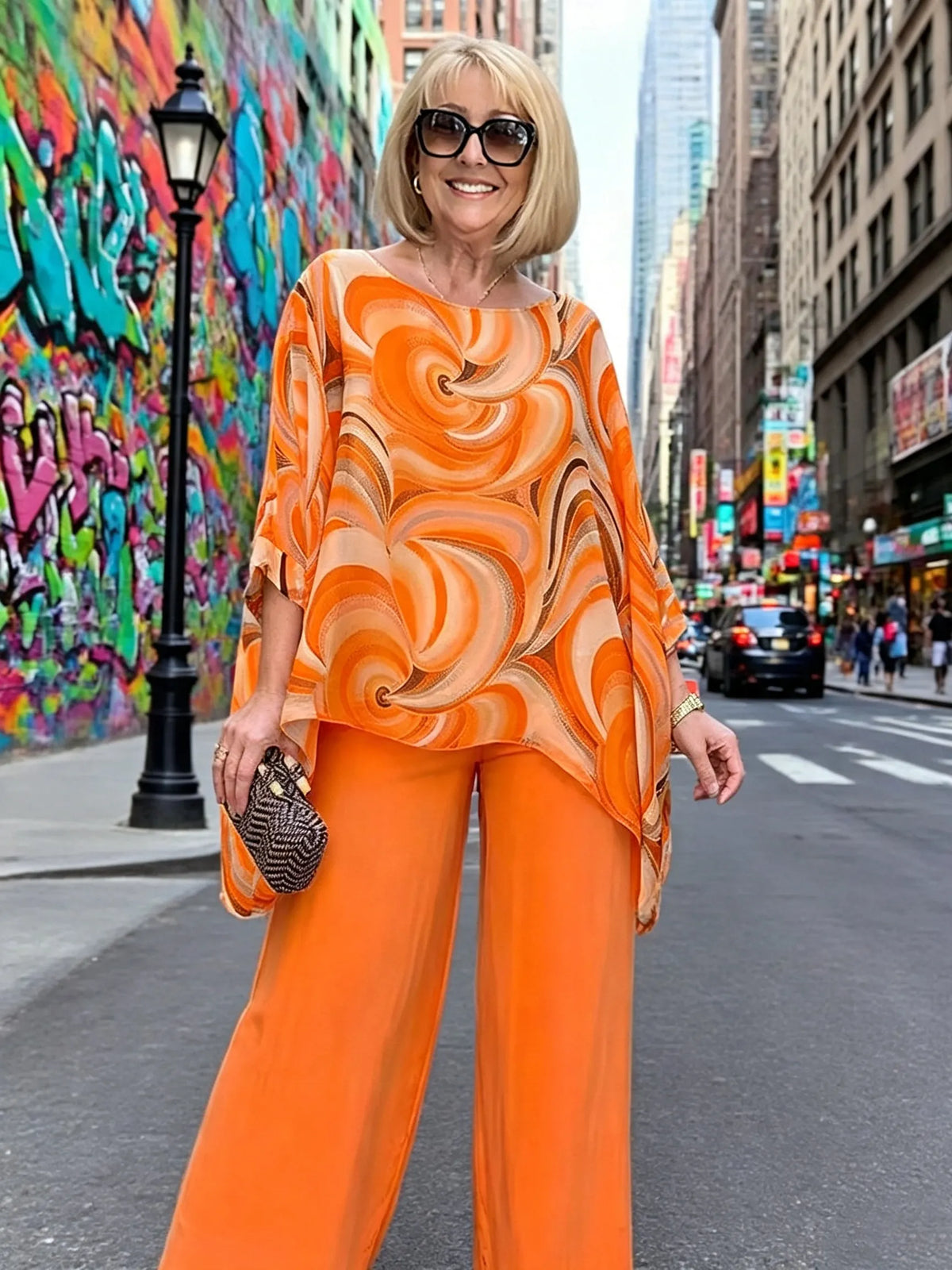Vibrant Swirl Print Chiffon 2‐Piece Outfit, Loose Boat Neck Tunic Top & Bright Wide‐Leg Pants Set for Women
