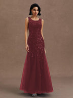 Purplish Blue Sequin Crew Neck Sleeveless Sheath Maxi Mother of the Bride or Groom Dress