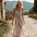Vintage Boho Floral Embroidered Flowy Cami Maxi Dress