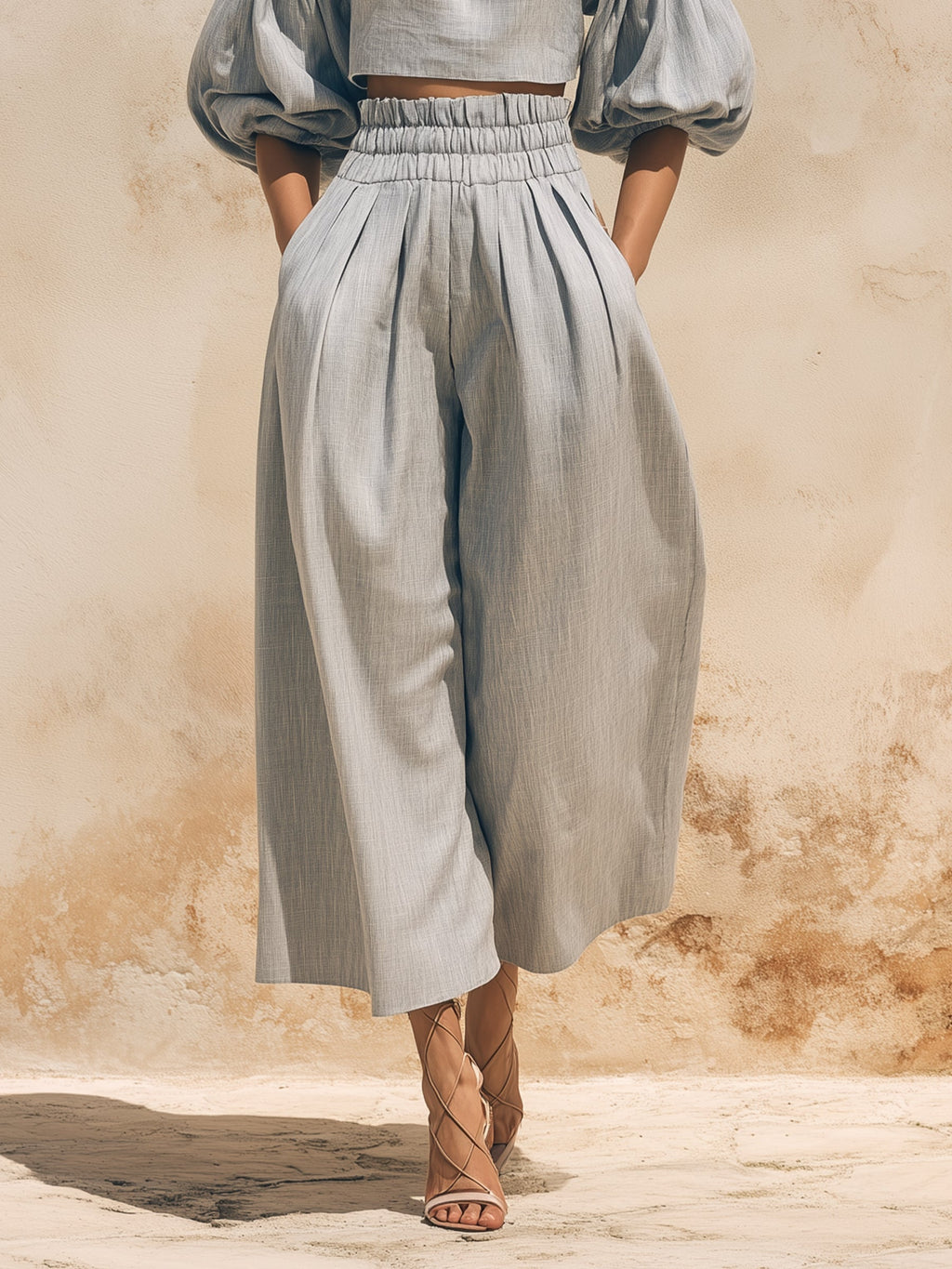 Off-the-Shoulder Puff Sleeve Linen Two-Piece Set