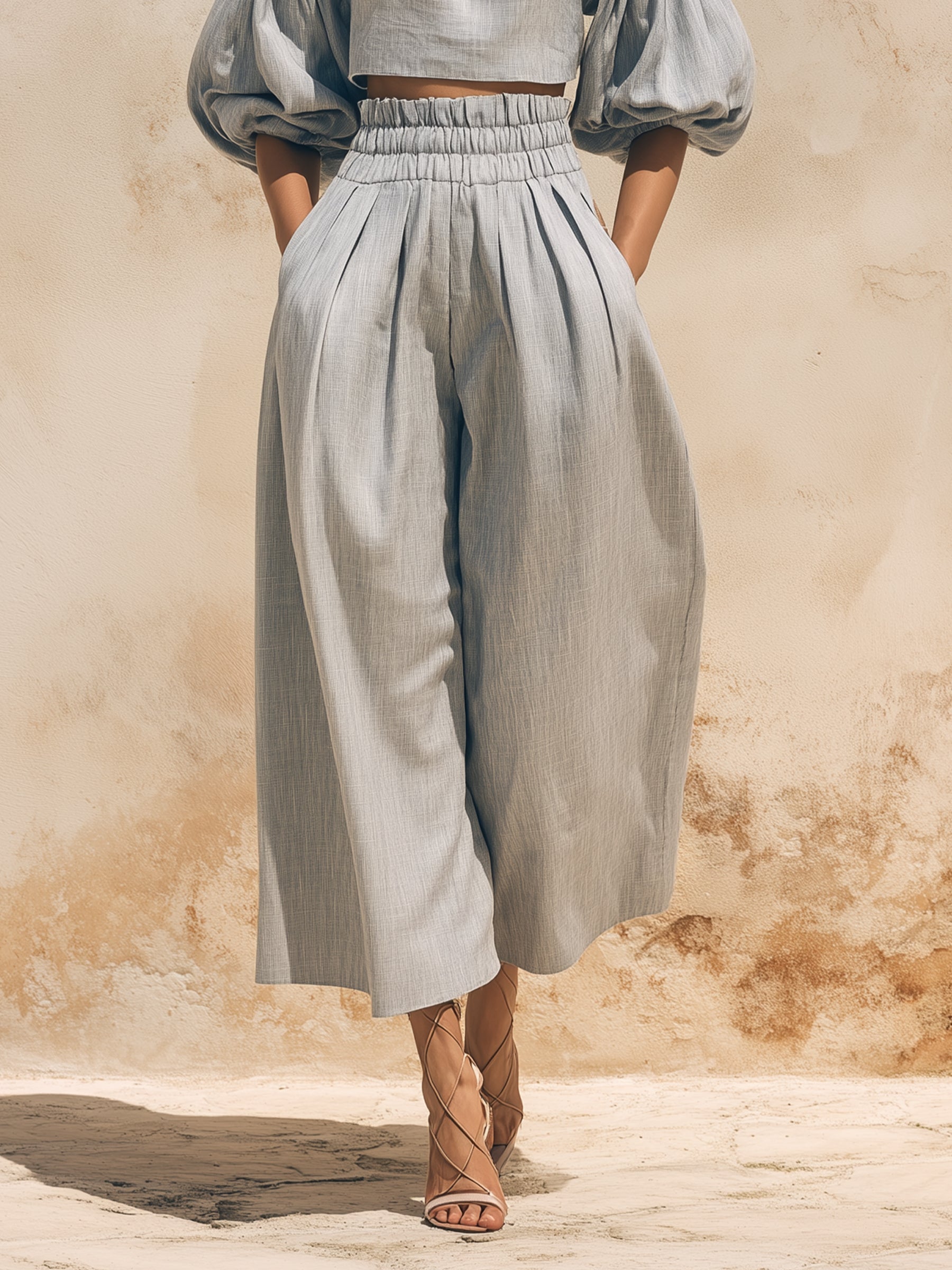 Off-the-Shoulder Puff Sleeve Linen Two-Piece Set