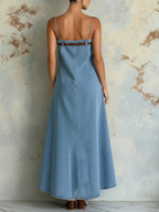 Light Blue Tencel Denim Spaghetti Strap Maxi Dress With Belt