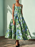 Maxi Linen Dress , Sleeveless, Square Neck, Floral, Church Glass, Vacation, Vintage, Green