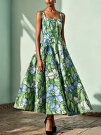 Maxi Linen Dress , Sleeveless, Square Neck, Floral, Church Glass, Vacation, Vintage, Green
