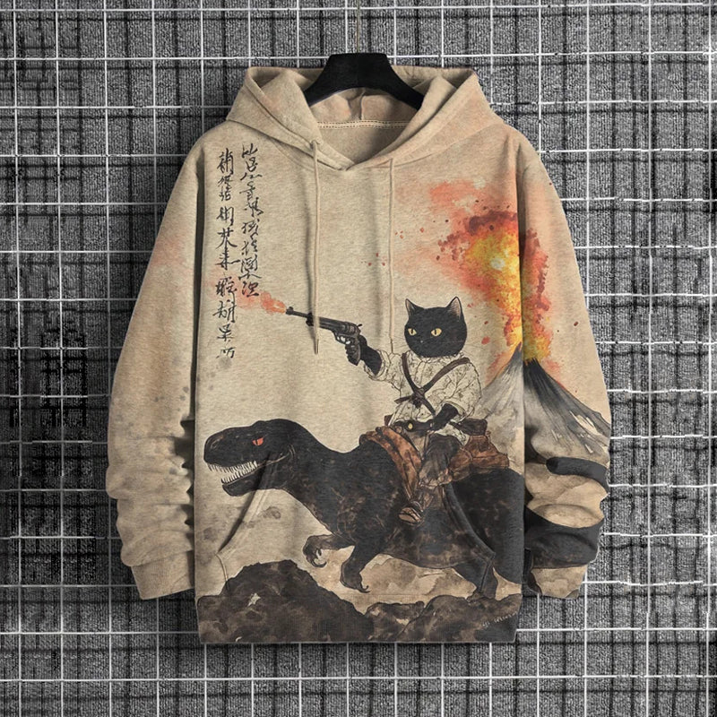 Men's Retro Calligraphy Cat Dinosaur Volcanic Eruption Art Print Hooded