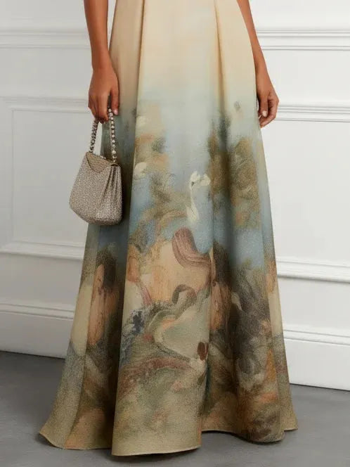 Light Khaki Floral Classic Halter Sleeveless A-Line Floor-length Gown Dress