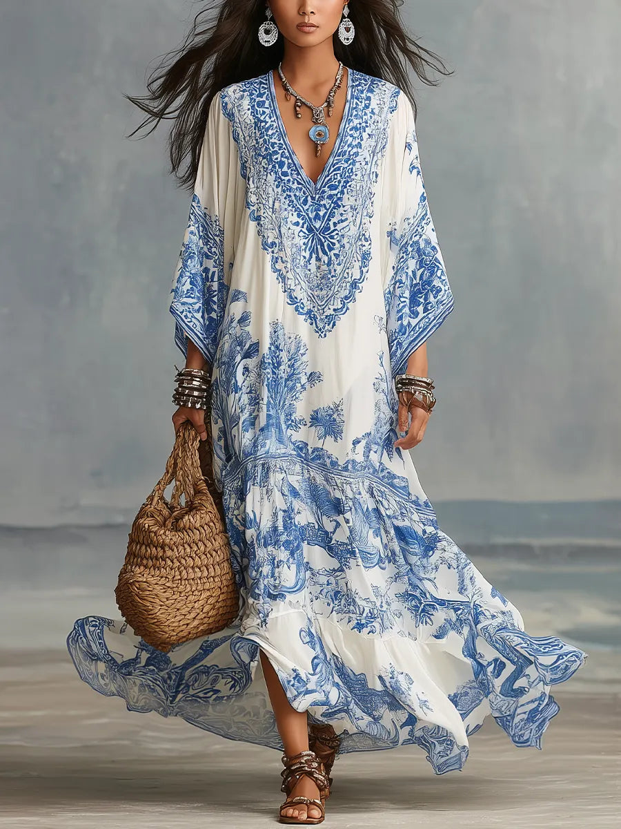 Refined Blue Porcelain Print V-Neck Kaftan Dress