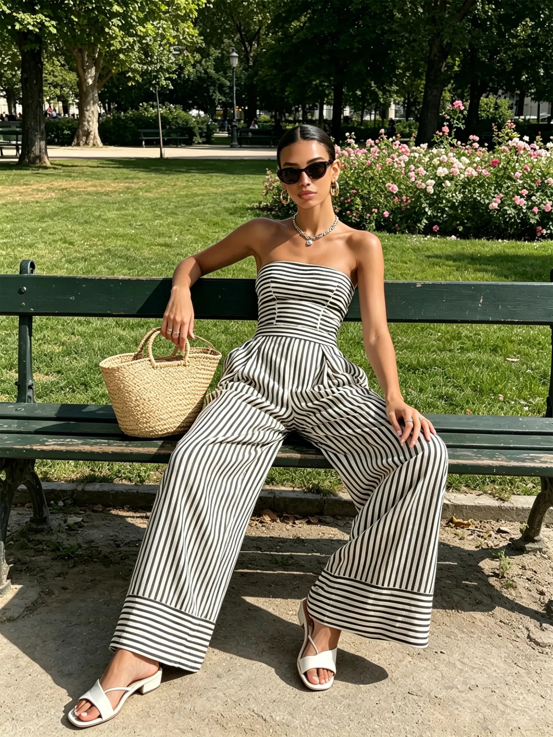 Black & White Striped Strapless Wide-Leg Jumpsuit