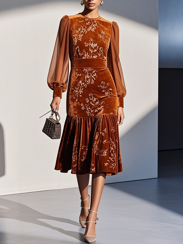 Black Mesh Jacquard Velvet Crew Neck Long Sleeve Balloon Sleeve Mermaid Midi Dress