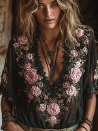 Ladies' Pink Rose Black Casual V-neck Short Sleeved Top