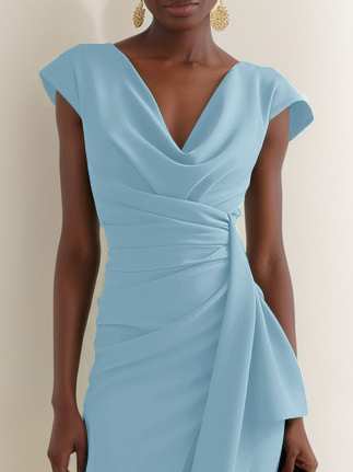 Light Blue Ruched Asymmetric Classic Cowl Neck Cap Sleeve Sheath Midi Dress