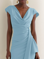Light Blue Ruched Asymmetric Classic Cowl Neck Cap Sleeve Sheath Midi Dress