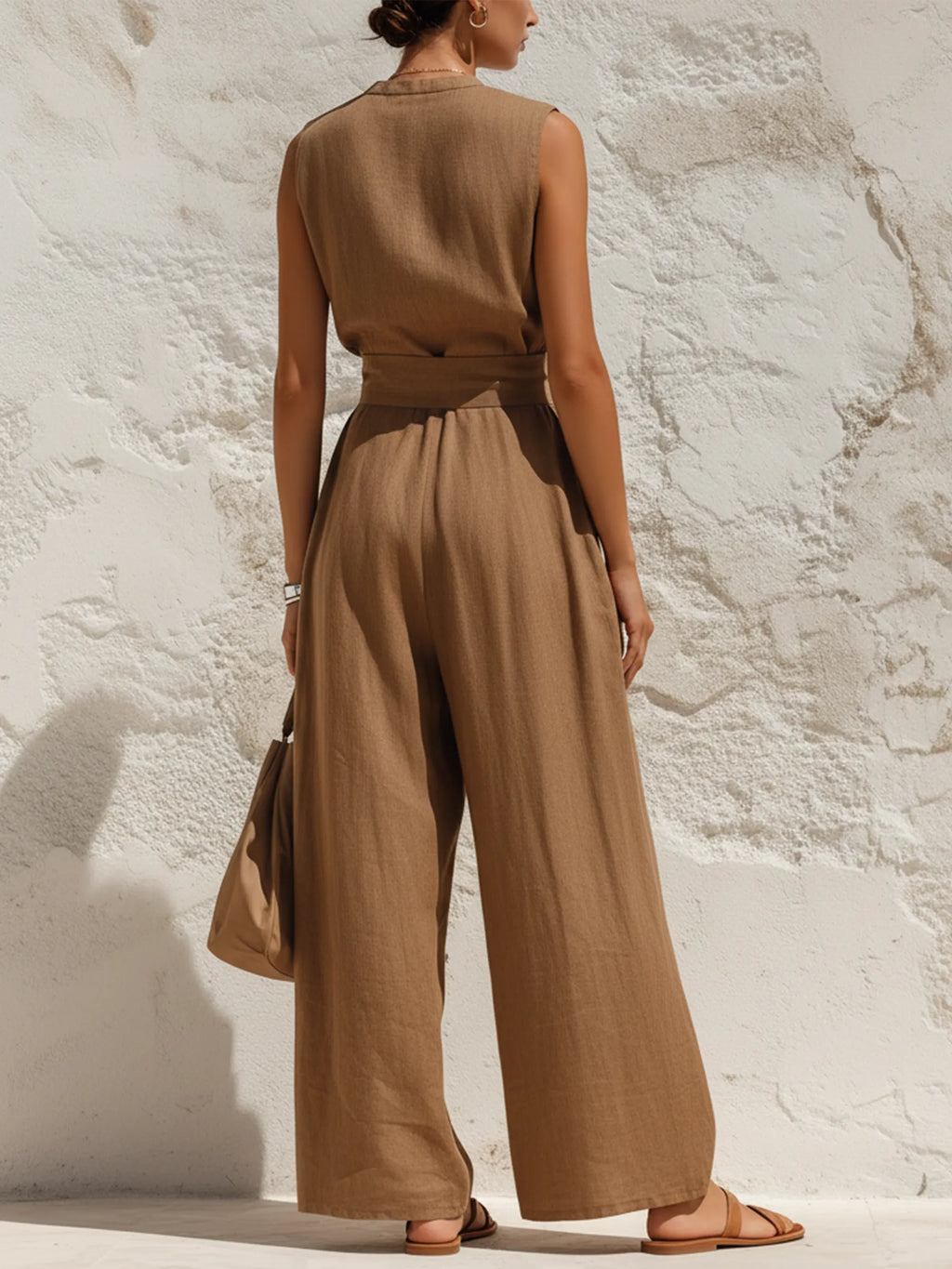 Brown Linen-Blend Sleeveless Wide-Leg Jumpsuit