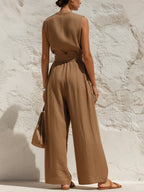 Brown Linen-Blend Sleeveless Wide-Leg Jumpsuit
