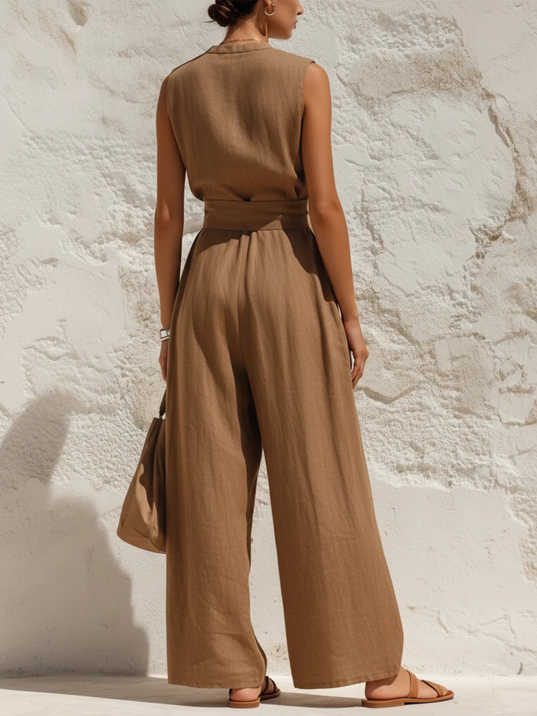 Brown Linen-Blend Sleeveless Wide-Leg Jumpsuit
