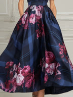 Deep V-Neck Floral Print A-Line Midi Dress