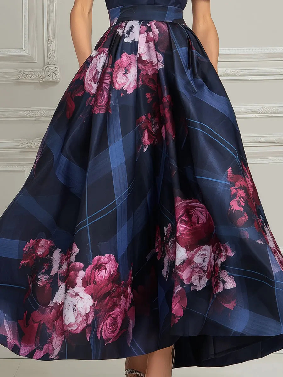 Deep V-Neck Floral Print A-Line Midi Dress