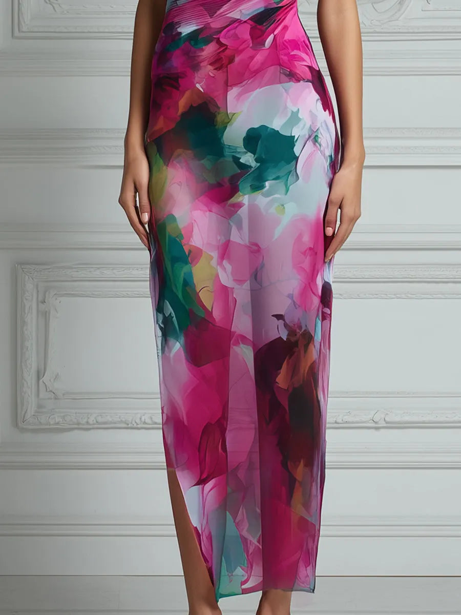 Asymmetric Off-Shoulder Watercolor Print Bodycon Midi Dress