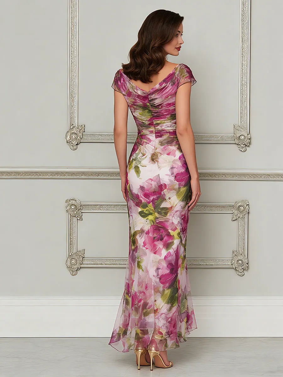 Enchanted Garden Ruched Cowl-Neck Trumpet Dress