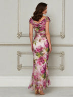 Enchanted Garden Ruched Cowl-Neck Trumpet Dress