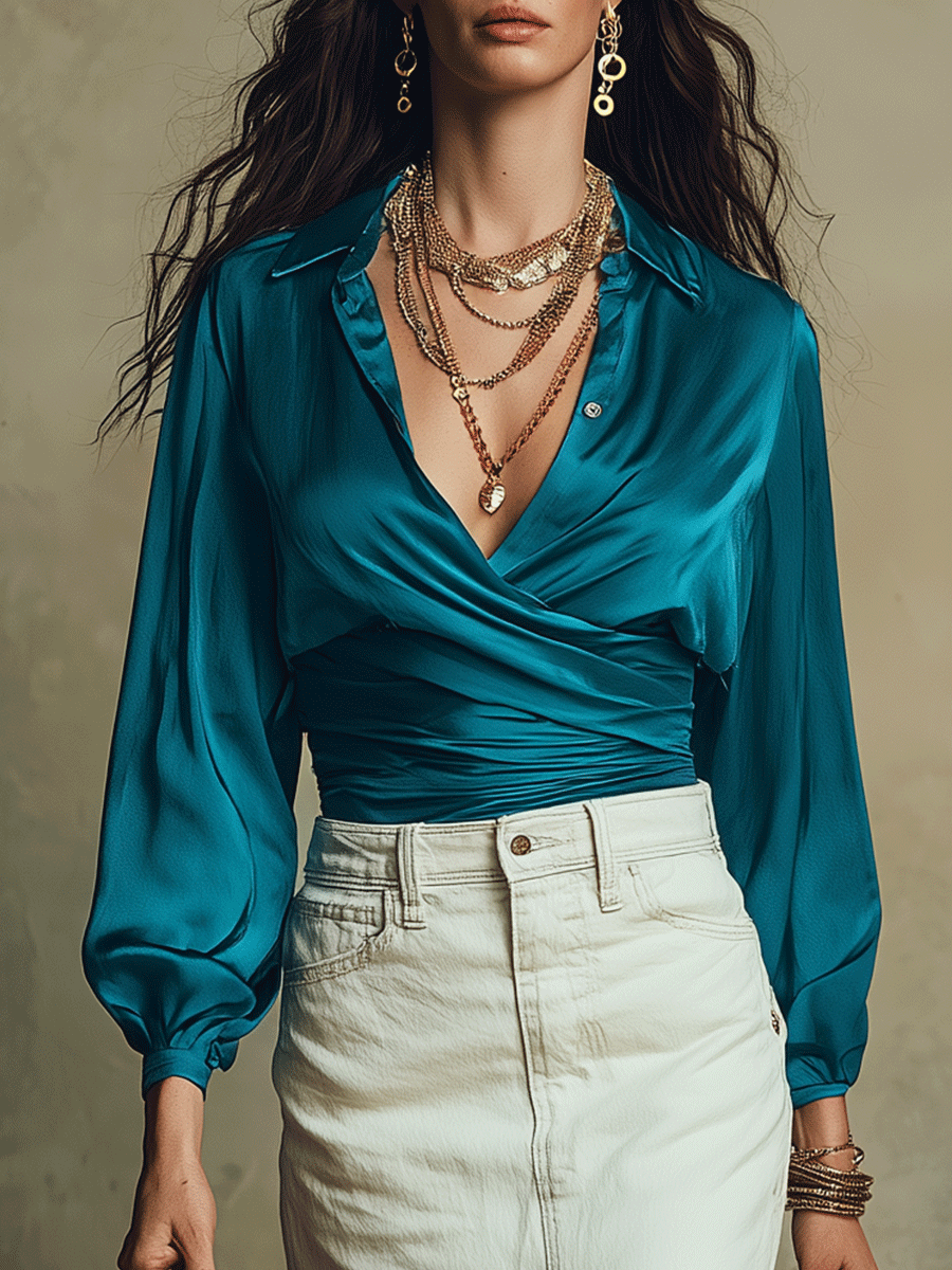 Effortless Boho Wrap Shirt And Pencil Skirt Set