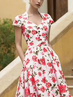 Linen Midi Dress, Short Sleeve, Sweetheart Neckline, Floral, Vintage, Red