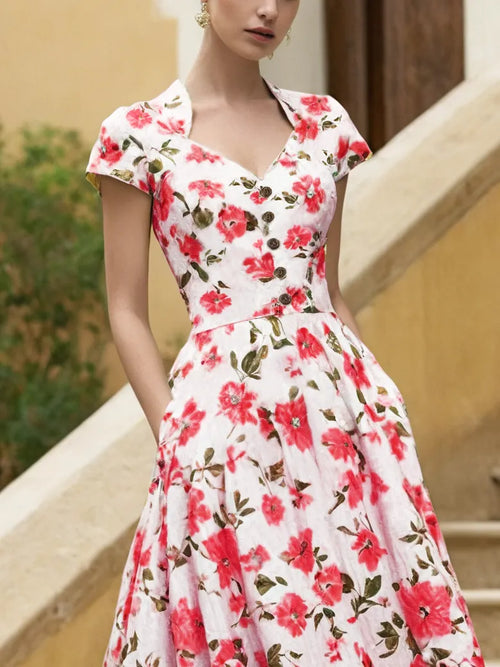 Linen Midi Dress, Short Sleeve, Sweetheart Neckline, Floral, Vintage, Red