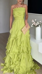 Strapless Ruched Ruffle Tiered Maxi Gown