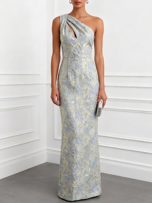 Light Blue Jacquard Classic One Shoulder Sleeveless Sheath Floor-length Gown Dress