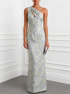 Light Blue Jacquard Classic One Shoulder Sleeveless Sheath Floor-length Gown Dress