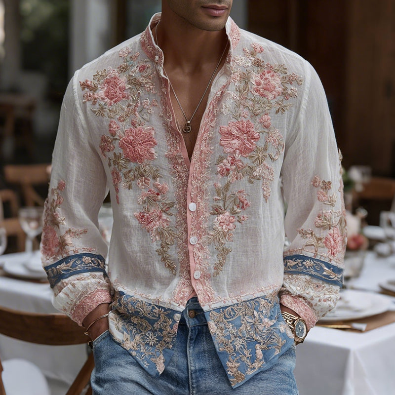 Men's Vintage Spring Floral Embroidered Art Print Comfy Shirt