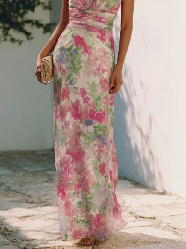 Rose Red Floral Bow Chiffon V Neck Sleeveless Sheath Floor-length Gown Dress