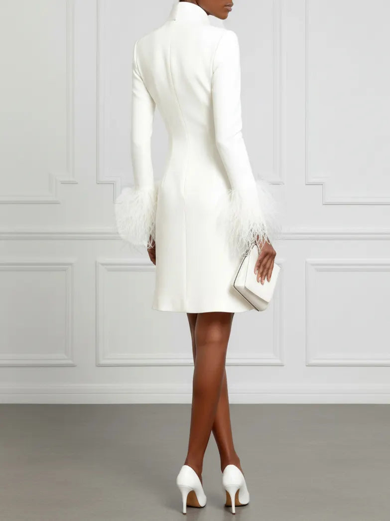 White Feather-trimmed Buckle Classic V Neck Stand Collar Long Sleeve A-Line Mini Dress