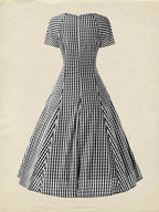 Cotton Midi Dress, Short Sleeve, Lace Collar, Plaid, Vintage, White