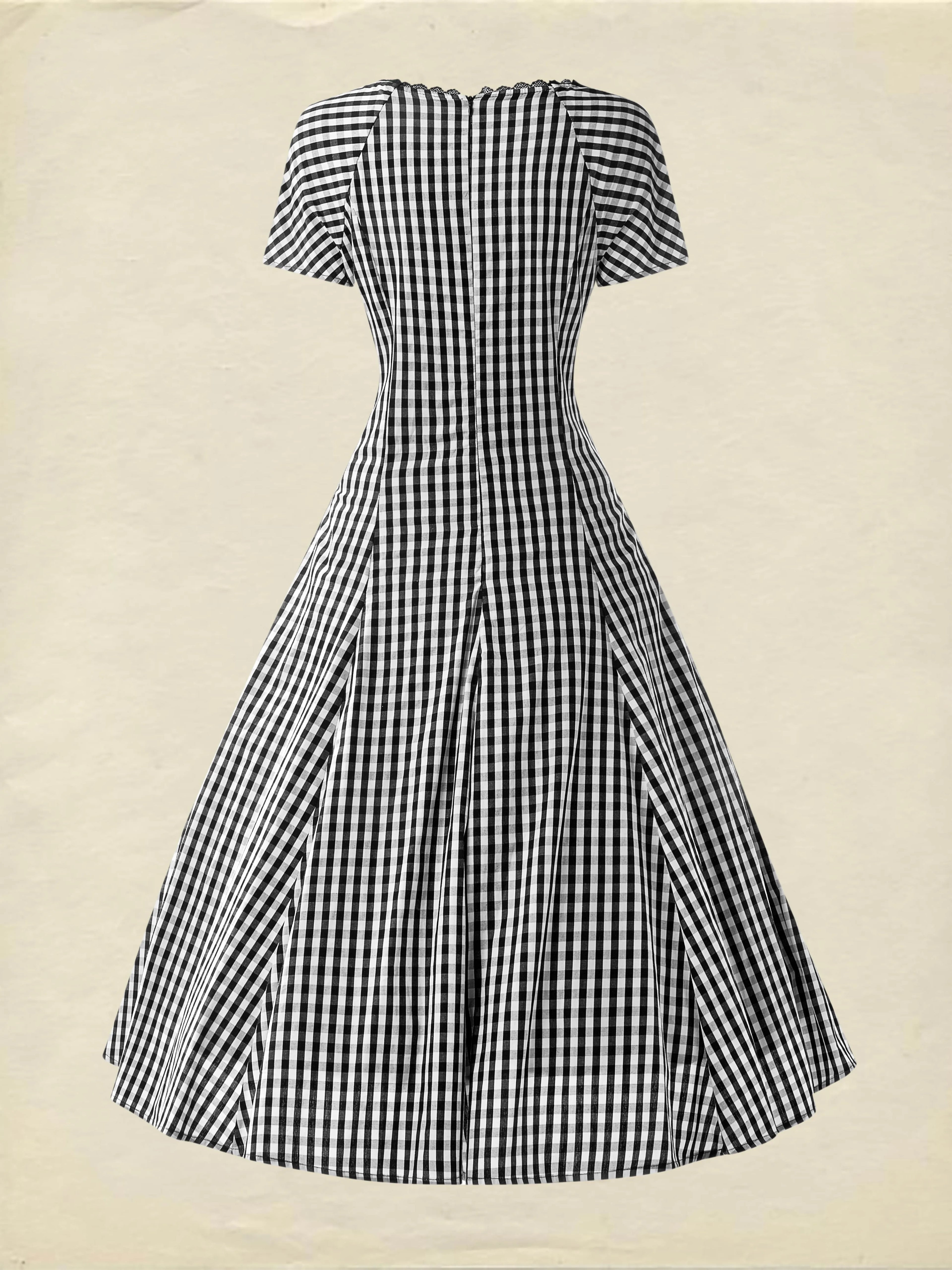 Cotton Midi Dress, Short Sleeve, Lace Collar, Plaid, Vintage, White