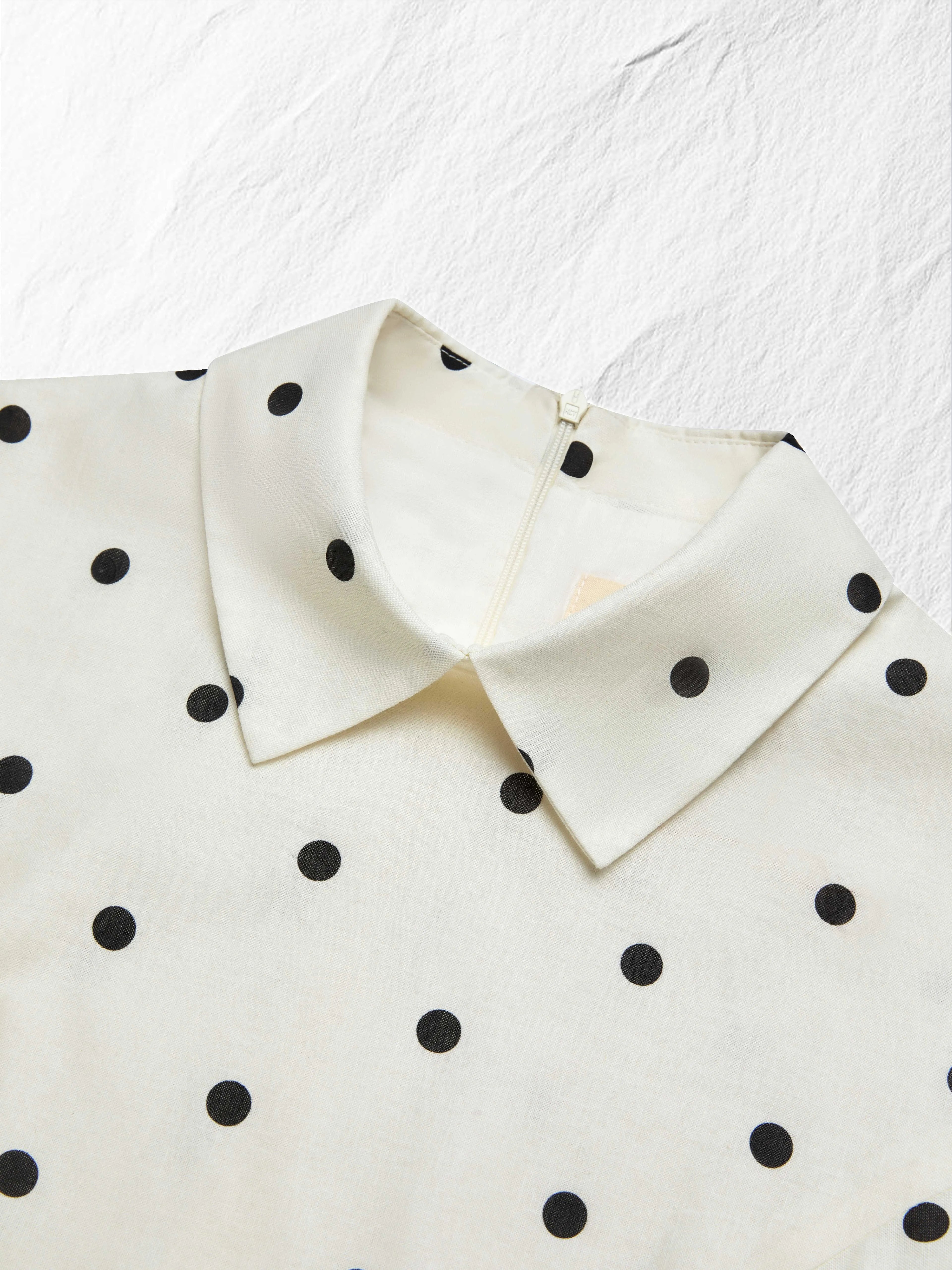 Maxi Linen Dress, Short Sleeves, Shawl Collar, Polka Dots, French Vintage, Off White