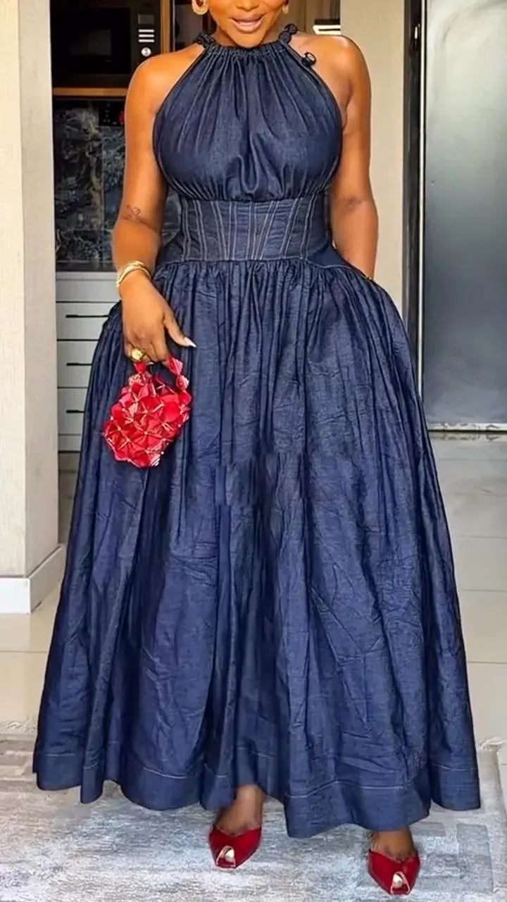 Dark Denim Halter Corset Waist Maxi Dress
