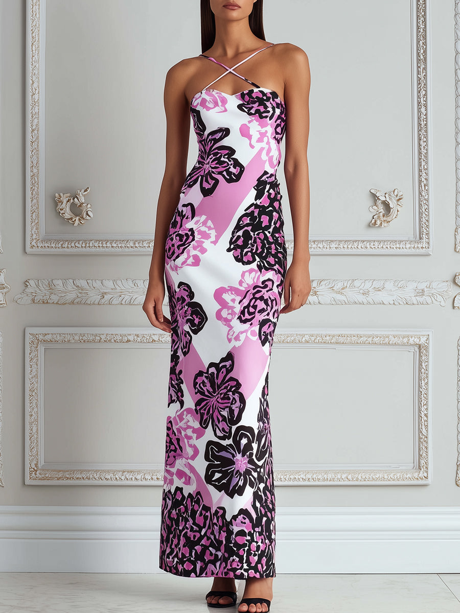 Cross-Strap Strapless Floral Bodycon Maxi Dress