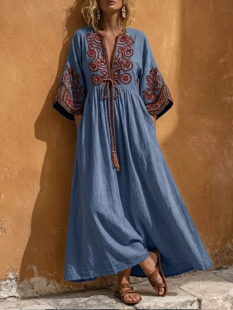 Bohemian Artistic Pattern Linen And Cotton Dress