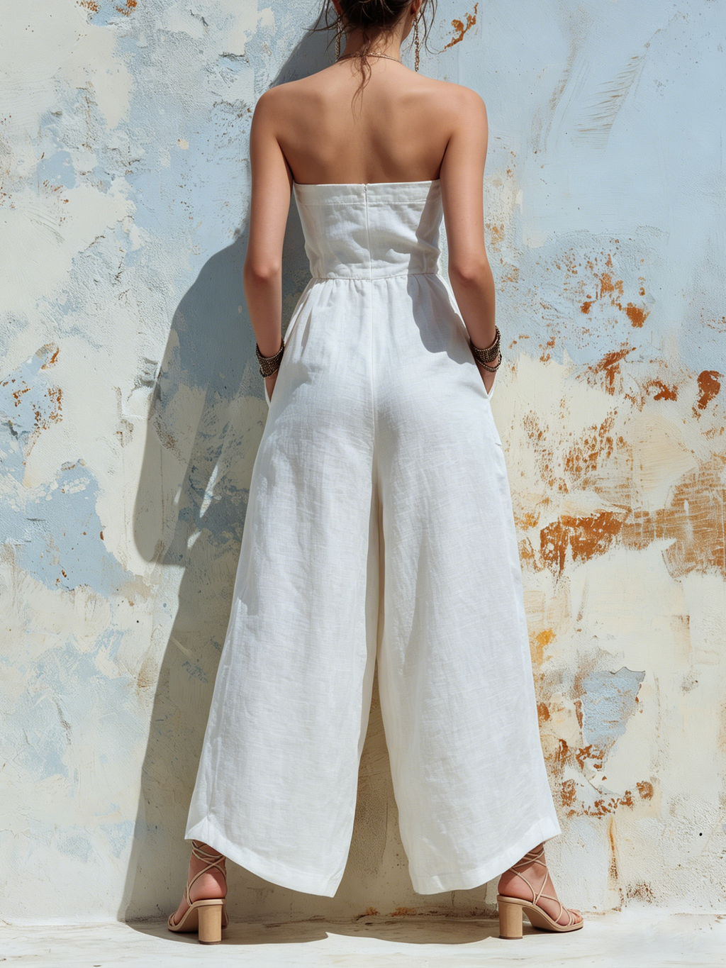 Strapless Linen Wide-Leg Jumpsuit With Button Detail & Pockets