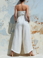 Strapless Linen Wide-Leg Jumpsuit With Button Detail & Pockets