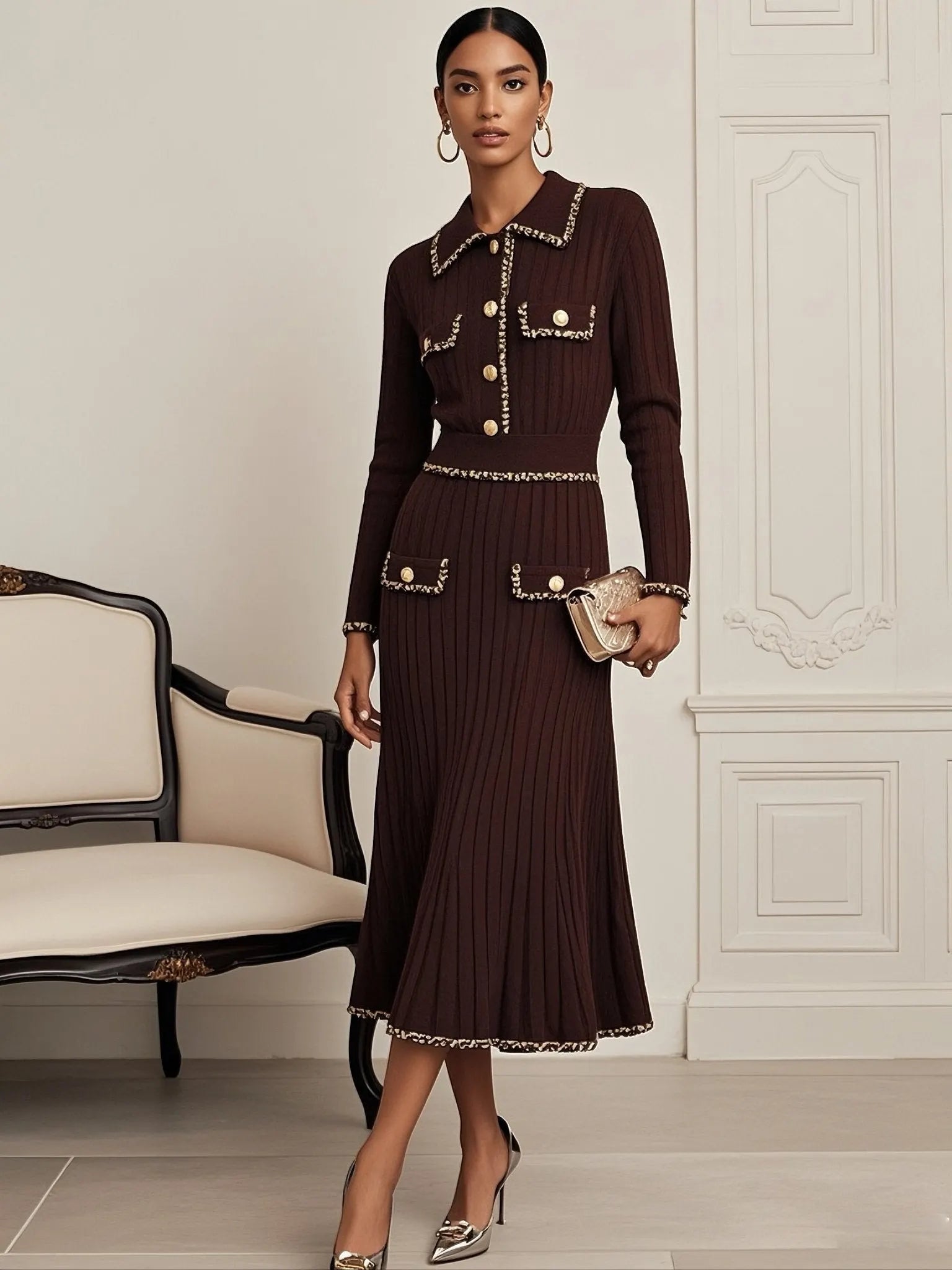 Red Brown Piping Buckle Sweater Lapel Collar Long Sleeve A-Line Midi Dress