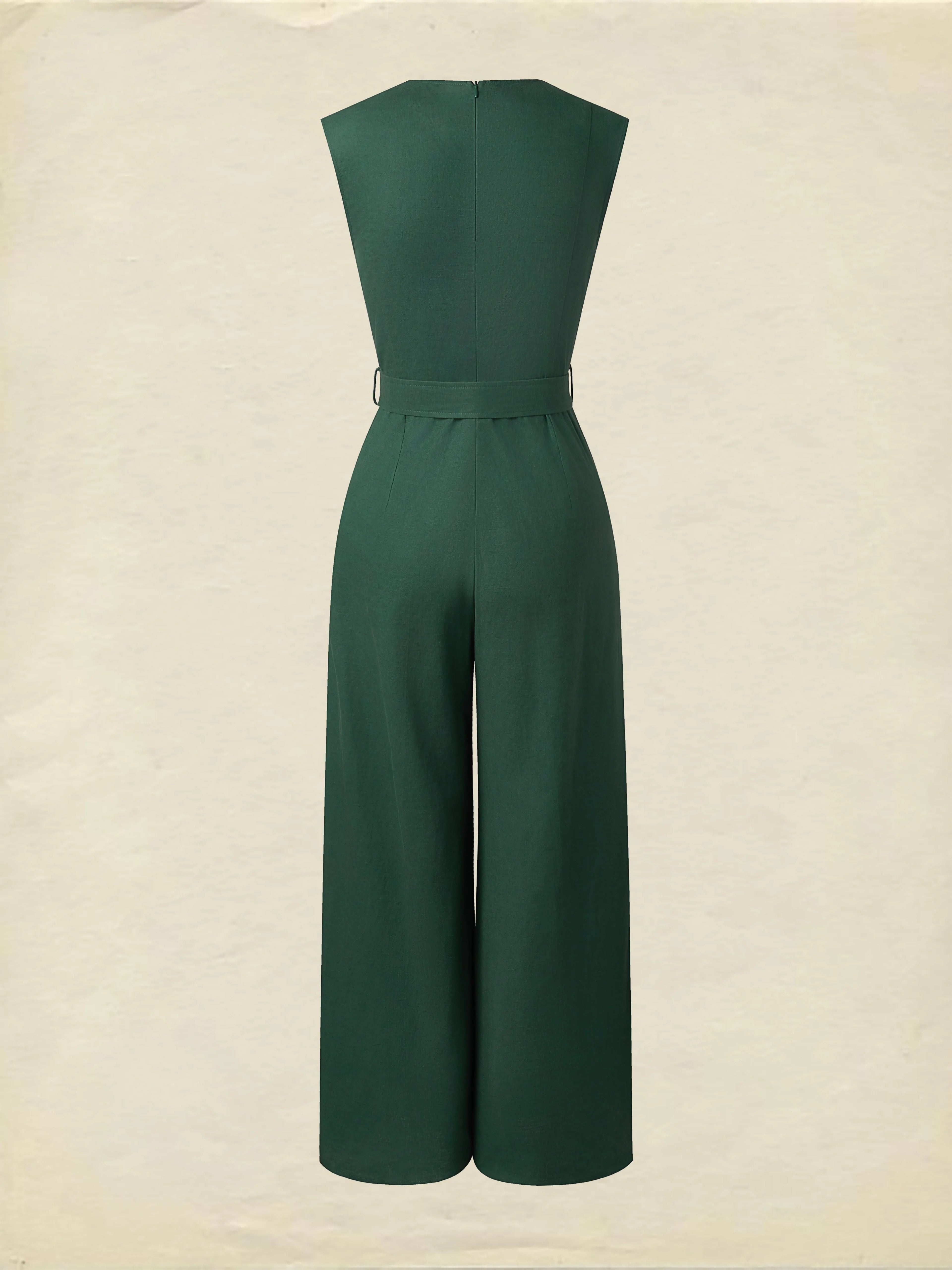 Linen Jumpsuit , Sleeveless, V Neck, Plain, Button Design, Vintage, Green