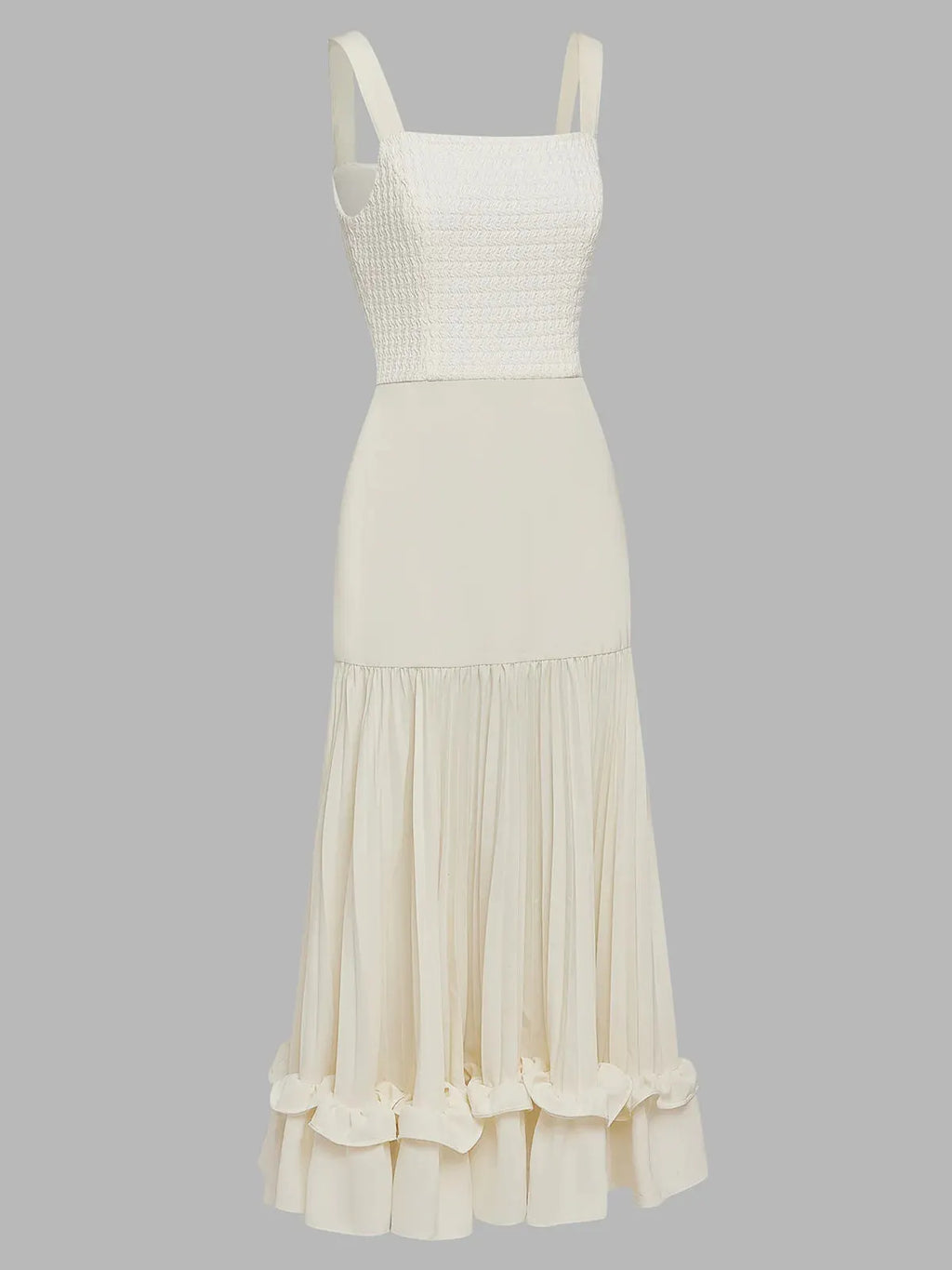 Off White Ruched Split Joint Knit Spaghetti Sleeveless Sheath Maxi Dress