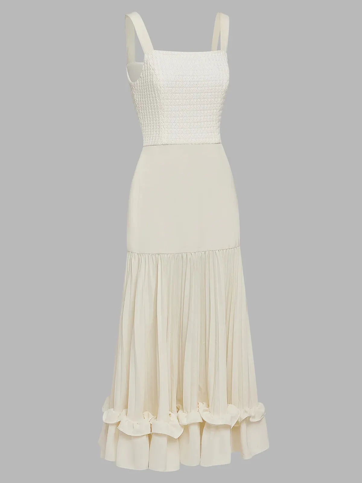 Off White Ruched Split Joint Knit Spaghetti Sleeveless Sheath Maxi Dress