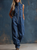 Stylish Silhouette White Denim Sleeveless Jumpsuit